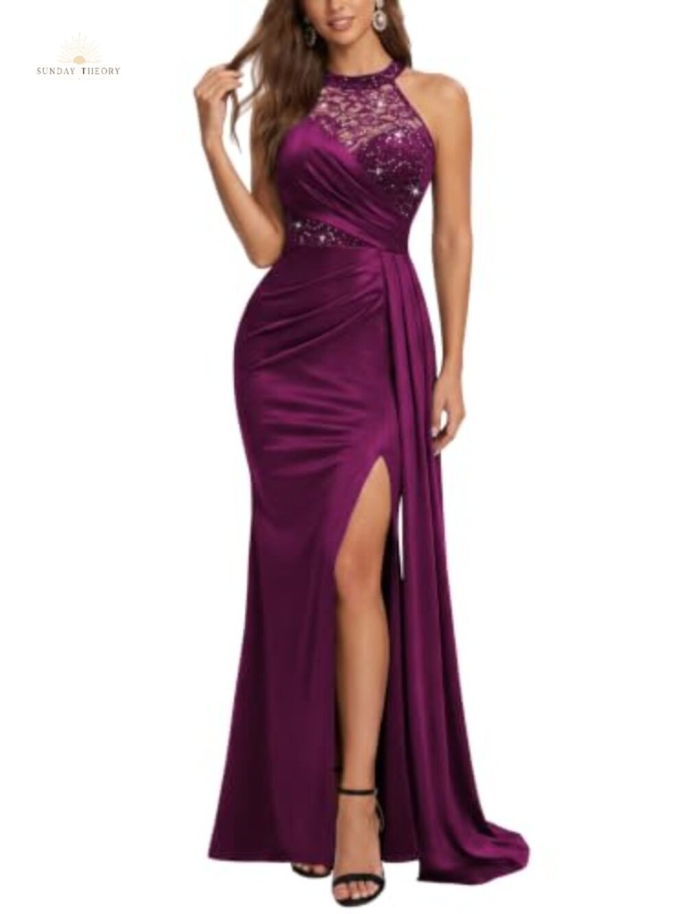 Sexy Halter Sequin Lace Satin Maxi Dress A-Line Sleeveless Evening Party